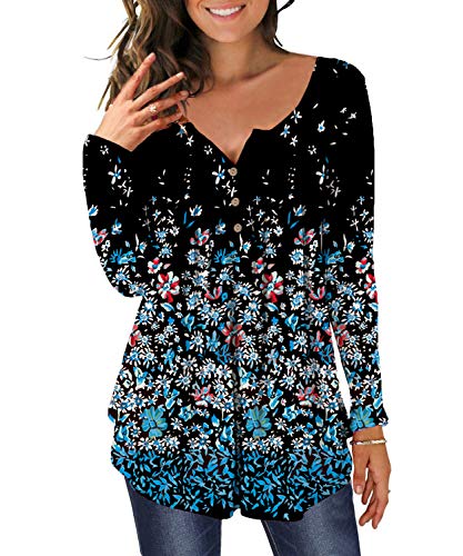 DEMO Tunika Damen Blumen Tops Langarm Henley V Ausschnitt Knopfleiste Plissiert Bluse T Shirt Oberteil (Schwarz + Klein Floral, M) von DEMO