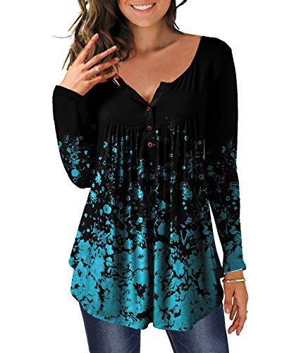 DEMO Tunika Damen Blumen Tops Langarm Henley V Ausschnitt Knopfleiste Plissiert Bluse T Shirt Oberteil (Schwarz + Klein Floral Blau, 2XL) von DEMO