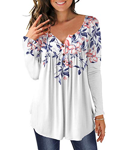 DEMO Tunika Damen Blumen Tops Langarm Henley V Ausschnitt Knopfleiste Plissiert Bluse T Shirt Oberteil (Weiß, 2XL) von DEMO