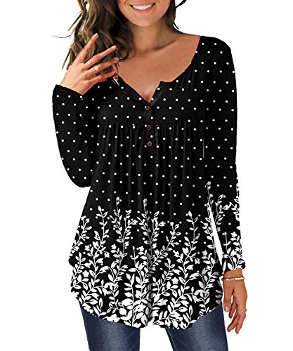 DEMO Tunika Damen Blumen Tops Langarm Henley V Ausschnitt Knopfleiste Plissiert Bluse T Shirt Oberteil (Wellenpunkt + Schwarz, 2XL) von DEMO