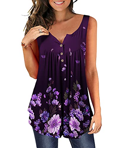 DEMO Tunika Damen Blumen Tops V Ausschnitt Kurzarm Knopfleiste Plissiert Bluse T Shirt Oberteil (Ärmellos-Lila, L) von DEMO