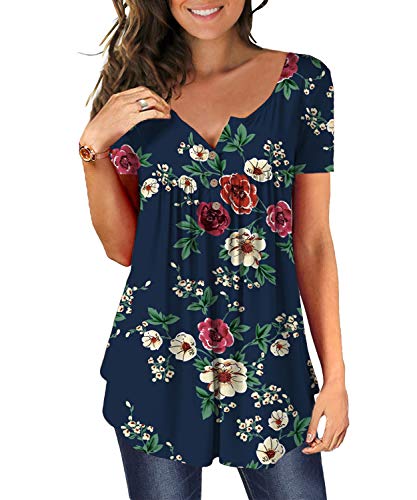 DEMO Tunika Damen Blumen Tops V Ausschnitt Kurzarm Knopfleiste Plissiert Bluse T Shirt Oberteil (Blau, L) von DEMO