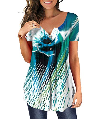 DEMO Tunika Damen Blumen Tops V Ausschnitt Kurzarm Knopfleiste Plissiert Bluse T Shirt Oberteil (Grün + Blau, 2XL) von DEMO