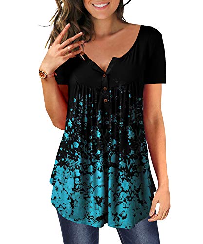 DEMO Tunika Damen Blumen Tops V Ausschnitt Kurzarm Knopfleiste Plissiert Bluse T Shirt Oberteil (Kurz-Klein Floral Blau, 2XL) von DEMO