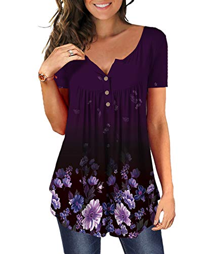 DEMO Tunika Damen Blumen Tops V Ausschnitt Kurzarm Knopfleiste Plissiert Bluse T Shirt Oberteil (Lila, L) von DEMO