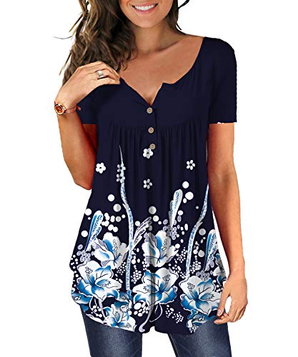 DEMO Tunika Damen Blumen Tops V Ausschnitt Kurzarm Knopfleiste Plissiert Bluse T Shirt Oberteil (Navy blau, L) von DEMO