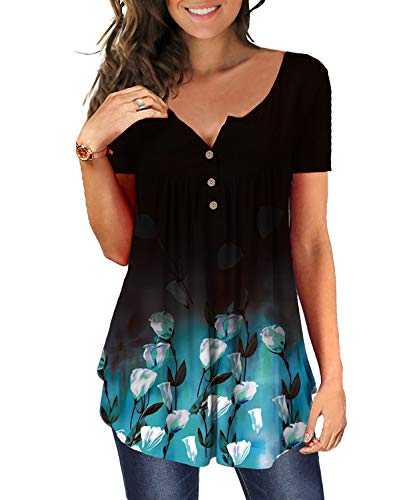 DEMO Tunika Damen Blumen Tops V Ausschnitt Kurzarm Knopfleiste Plissiert Bluse T Shirt Oberteil (Schwarz + Floral Blau, 2XL) von DEMO