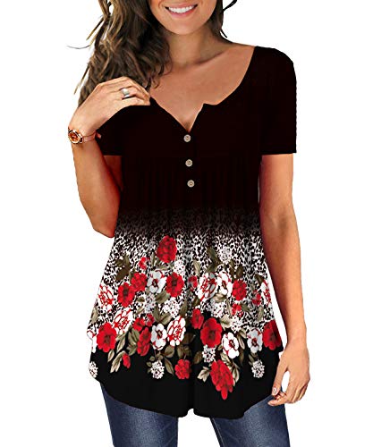 DEMO Tunika Damen Blumen Tops V Ausschnitt Kurzarm Knopfleiste Plissiert Bluse T Shirt Oberteil (Schwarz + Floral rot, 2XL) von DEMO