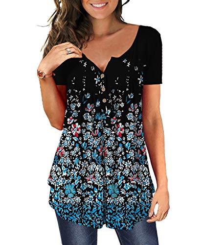 DEMO Tunika Damen Blumen Tops V Ausschnitt Kurzarm Knopfleiste Plissiert Bluse T Shirt Oberteil (Schwarz + Klein floral, 2XL) von DEMO