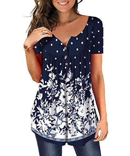 DEMO Tunika Damen Blumen Tops V Ausschnitt Kurzarm Knopfleiste Plissiert Bluse T Shirt Oberteil (Schwarz-floral weiß, XL) von DEMO