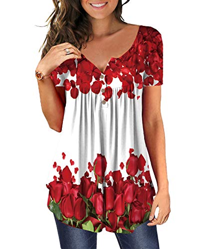 DEMO Tunika Damen Blumen Tops V Ausschnitt Kurzarm Knopfleiste Plissiert Bluse T Shirt Oberteil (Weiß + Rose, 2XL) von DEMO