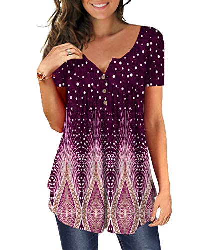 DEMO Tunika Damen Blumen Tops V Ausschnitt Kurzarm Knopfleiste Plissiert Bluse T Shirt Oberteil (Wellenpunkt + Lila, L) von DEMO