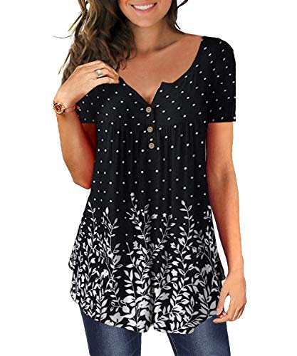 DEMO Tunika Damen Blumen Tops V Ausschnitt Kurzarm Knopfleiste Plissiert Bluse T Shirt Oberteil (Wellenpunkt + schwarz, 2XL) von DEMO