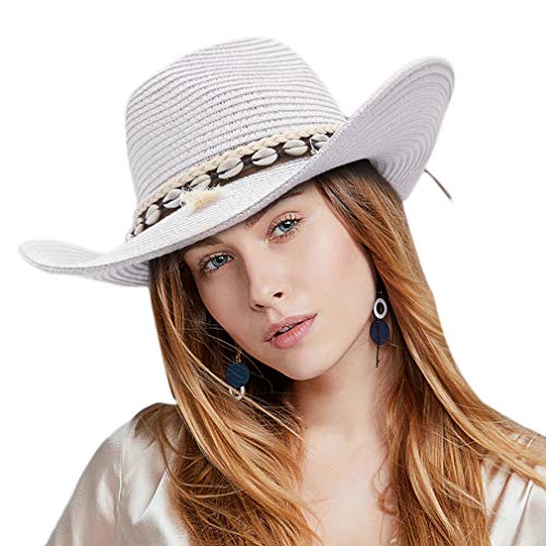 DEMU Damen Sommer Sonnenhut Sonnenschutz Panama Cowboy Fedora Hut Strohhut Strandhut Weiß von DEMU