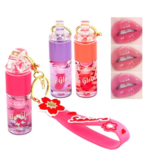 3 Farben feuchtigkeitsspendende Lipgloss Set, glänzend schimmernden Hochglanz Glas Finish Lipgloss Lippen-Make-up für Kinder und Jugendliche Party Geschenk Sakura Schlüsselanhänger von DENESTUP