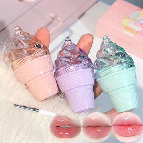 3stück Süßes Feuchtigkeitsspendendes Lipgloss-Set, Lip Sleeping Mask, Ice Cream Solid Lip Balm, Nourish Lip Care Makeup Süße Pfirsich/Blaubeere/Grüner Apfel Geschmacksrichtungen von DENESTUP