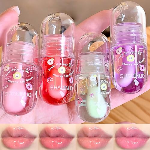 4 Stück Lipgloss-öl Set, Lipgloss Set Mit Fruchtgeschmack, Süßes Lip Jelly, Feuchtigkeitsspendendes Lippen Make-Up Für Kinder Damen, Kinderfreundlich Party-Geschenk von DENESTUP