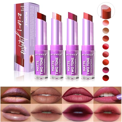 4 pcs Dual-Colour Lipstick Pearlescent Lip Liner, Matte Plumping Natural Lip, Moisturizing Long-Lasting Lip Gloss Makeup Set for Women (A) von DENESTUP