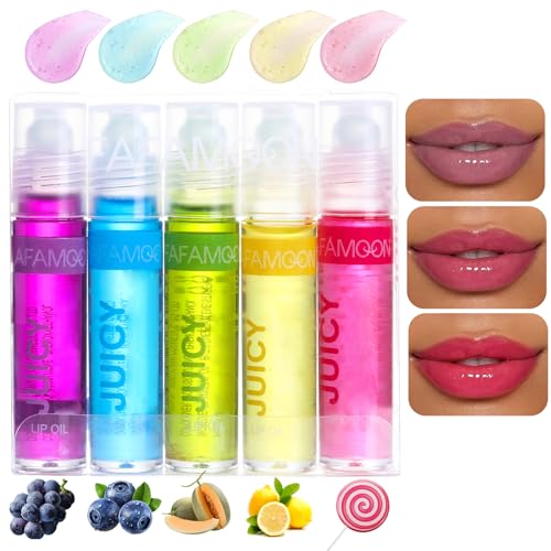 5 Stück Roll On Lip Gloss Set, Glitzer-Lipgloss-Set mit Fruchtgeschmack Lippenglanz Gelee-Lippenöl feuchtigkeitsspendend für Kinder Teenager Ungiftig, Kinderfreundliches von DENESTUP