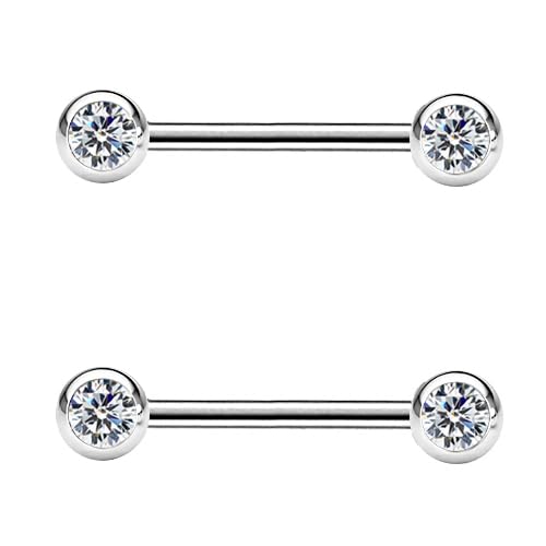 DENI 2 Brustwarzenpiercings für Damen mit 2 Strasssteinen, Stablänge 12 mm und Dicke 1,6 mm, antiallergisch, Silber von DENI