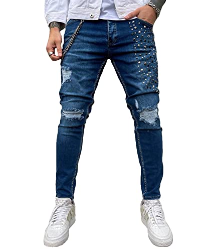 DENIM HOUSE Jeans Herren Skinny mit Kette, Metallnieten und Rissen(as3, Waist_Inseam, Numeric_33, Numeric_32, Blau) von DENIM HOUSE