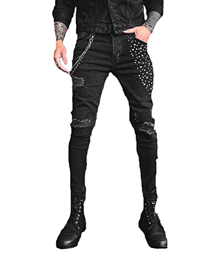 DENIM HOUSE Jeans Herren Skinny mit Kette, Metallnieten und Rissen (as3, Waist_Inseam, Numeric_30, Numeric_32, Schwarz) von DENIM HOUSE