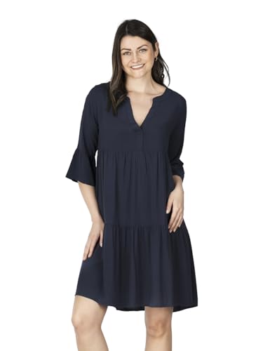 DENIMFY A Linien Kleid Damen DFFrida 3/4 Ärmel Kleider Strandkleid Boho Sommer Sommerkleid Midikleid Freizeitkleid Knielang Muster Gestreift Einfarbig, Größe:M/L, Farben:Navy von DENIMFY