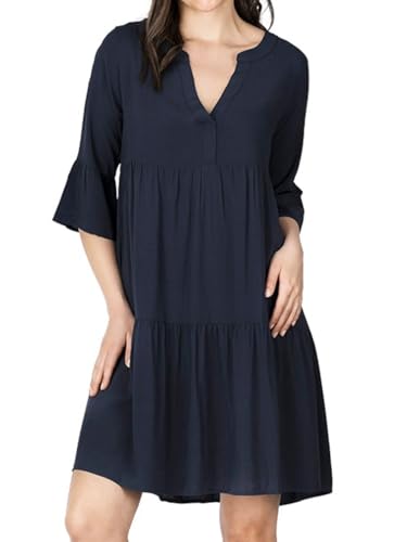 DENIMFY Sommerkleid Damen Knielang A Linie DFFrida 3/4 Ärmel Strandkleid Boho Tunika Kleid Sommer Midikleid Freizeitkleid 100% Viskose, Größe:M/L, Farben:Navy von DENIMFY
