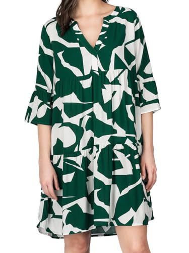 DENIMFY Sommerkleid Damen Knielang A Linie DFFrida 3/4 Ärmel Strandkleid Boho Tunika Kleid Sommer Midikleid Freizeitkleid 100% Viskose, Größe:S/M, Farben:Racing Green-Offwhite von DENIMFY