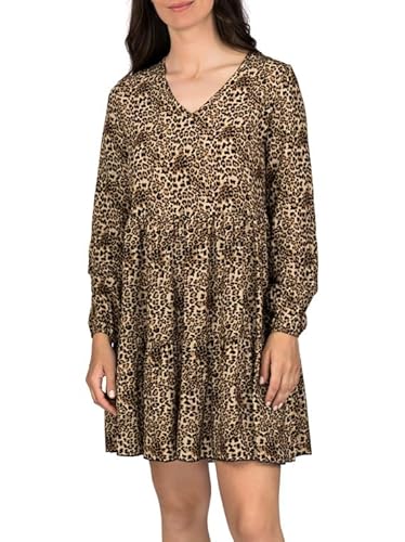 DENIMFY A Linien Kleid Damen DFIda Midikleid Kleider Strandkleid Sommerkleid Sommer Blumenmuster Elegant Langarm Knielang V-Ausschnitt, Größe:S/M, Farben:Leo Beige von DENIMFY