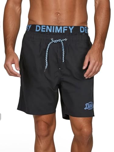 DENIMFY Badehose Herren Lang Badeshorts Doppelter Bund DFNeo Kurze Hosen Schwimmhose Shorts Print, Größe:S, Farben:Black-Maya Blue von DENIMFY