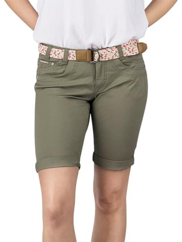 DENIMFY Bermuda Shorts Damen mit Gürtel Regular Fit DFPia Kurze Hose Chino Short Sommer Stretch Einfarbig, Größe:XXL, Farben:Washed Olive von DENIMFY