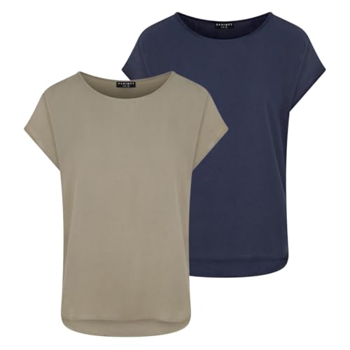 DENIMFY Bluse Damen Sommer Blusenshirt DFJule Regular Fit 2er Pack Set Rundhals Top Kurzarm Oberteil 100% Viskose, Größe:L, Farben:Farbmix 7 von DENIMFY