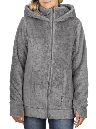 DENIMFY Fleecejacke Damen mit Kapuze DFMila Teddyfleece Kapuzenjacke Winterjacke Übergangsjacke, Größe:L, Farben:White-Anthracite von DENIMFY