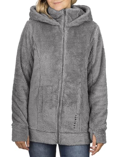 DENIMFY Damen Fleece Jacke DFMila Hoodie Winterjacke Reißverschluss Sweatjacke Übergangsjacke Kapuzenjacke Kapuze Teddyfleece Fleecejacke Stehkragen, Größe:M, Farben:White-Anthracite von DENIMFY