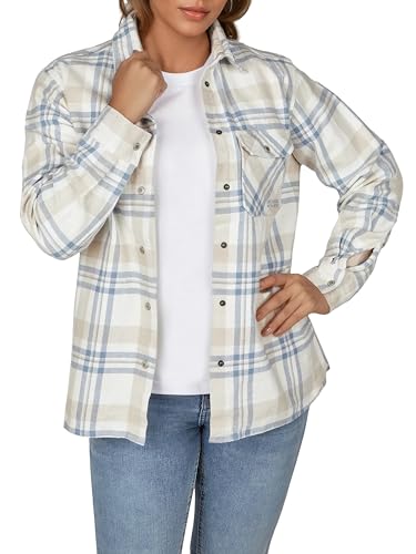 DENIMFY Flanellhemd Damen kariert Baumwolle warm Dickes Material Hemdjacke Overshirt DFIsabella Regular Fit Druckknöpfe Brusttasche Langarm, Größe:L, Farben:Morning Fog Blue von DENIMFY