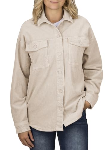 DENIMFY Hemd Damen Oversized Langarm DFSophia Cordhemd Hemdjacke Hemdbluse Freizeithemd Taschen Knöpfe Einfarbig Beige L, Größe:L, Farben:Light Sand von DENIMFY