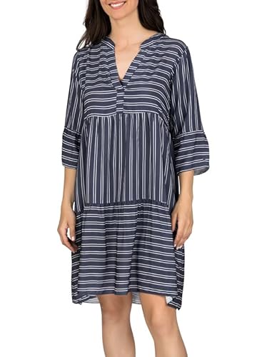 DENIMFY A Linien Kleid Damen DFFrida 3/4 Ärmel Kleider Strandkleid Boho Sommer Sommerkleid Midikleid Freizeitkleid Knielang Muster Gestreift Einfarbig, Größe:M/L, Farben:Stripes Navy-White von DENIMFY