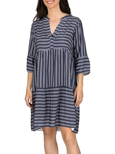 DENIMFY Sommerkleid Damen Knielang A Linie DFFrida 3/4 Ärmel Strandkleid Boho Tunika Kleid Sommer Midikleid Freizeitkleid 100% Viskose, Größe:M/L, Farben:Stripes Navy-White von DENIMFY