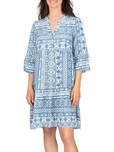 DENIMFY A Linien Kleid Damen DFFrida 3/4 Ärmel Kleider Strandkleid Boho Sommer Sommerkleid Midikleid Freizeitkleid Knielang Muster Gestreift Einfarbig, Größe:S/M, Farben:Ethno Blue von DENIMFY