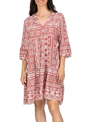 DENIMFY A Linien Kleid Damen DFFrida 3/4 Ärmel Kleider Strandkleid Boho Sommer Sommerkleid Midikleid Freizeitkleid Knielang Muster Gestreift Einfarbig, Größe:M/L, Farben:Ethno Dark Rose von DENIMFY