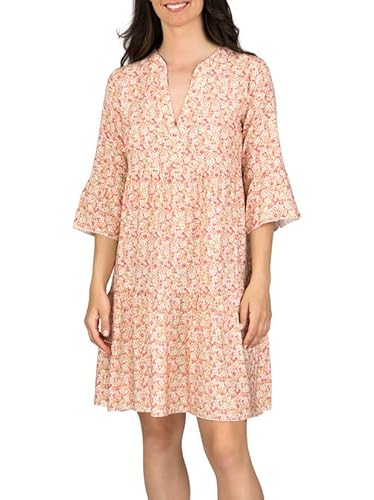 DENIMFY Sommerkleid Damen Knielang A Linie DFFrida 3/4 Ärmel Strandkleid Boho Tunika Kleid Sommer Midikleid Freizeitkleid 100% Viskose, Größe:M/L, Farben:Mille Fleurs White-Rose von DENIMFY