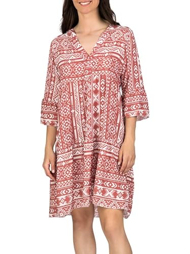 DENIMFY Sommerkleid Damen Knielang A Linie DFFrida 3/4 Ärmel Strandkleid Boho Tunika Kleid Sommer Midikleid Freizeitkleid 100% Viskose, Größe:S/M, Farben:Ethno Dark Rose von DENIMFY
