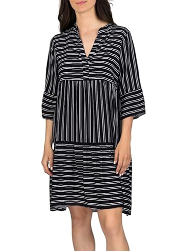 DENIMFY A Linien Kleid Damen DFFrida 3/4 Ärmel Kleider Strandkleid Boho Sommer Sommerkleid Midikleid Freizeitkleid Knielang Muster Gestreift Einfarbig, Größe:S/M, Farben:Stripes Black-White von DENIMFY