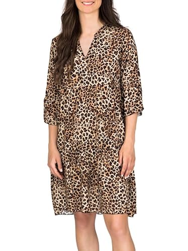 DENIMFY Sommerkleid Damen Knielang A Linie DFFrida 3/4 Ärmel Strandkleid Boho Tunika Kleid Sommer Midikleid Freizeitkleid 100% Viskose, Größe:S/M, Farben:Leo Brown von DENIMFY