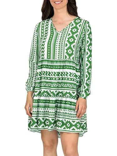 DENIMFY A Linien Kleid Damen DFIda Midikleid Kleider Strandkleid Sommerkleid Sommer Blumenmuster Elegant Langarm Knielang V-Ausschnitt, Größe:L/XL, Farben:Ethno Green von DENIMFY