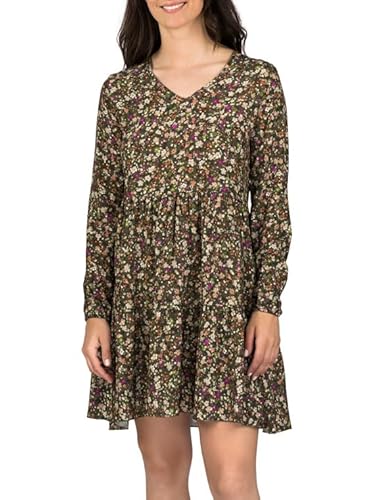 DENIMFY A Linien Kleid Damen DFIda Midikleid Kleider Strandkleid Sommerkleid Sommer Blumenmuster Elegant Langarm Knielang V-Ausschnitt, Größe:S/M, Farben:Mille Fleurs Washed Olive von DENIMFY