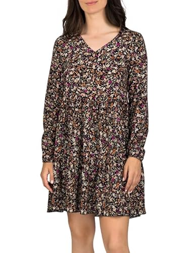 DENIMFY A Linien Kleid Damen DFIda Midikleid Kleider Strandkleid Sommerkleid Sommer Blumenmuster Elegant Langarm Knielang V-Ausschnitt, Größe:L/XL, Farben:Mille Fleur Black von DENIMFY