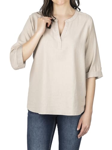 DENIMFY Leinenbluse Damen Sommer leicht Regular Fit DFSara Leinen Bluse 3/4 Arm V-Ausschnitt Blusenshirt Oberteile Einfarbig Beige XL, Größe:XL, Farben:Light Sand von DENIMFY