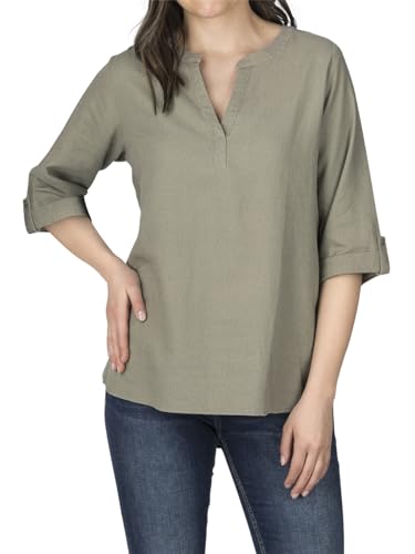 DENIMFY Leinenbluse Damen Sommer leicht Regular Fit DFSara Leinen Bluse 3/4 Arm V-Ausschnitt Blusenshirt Oberteile Einfarbig Grün L, Größe:L, Farben:Washed Olive von DENIMFY